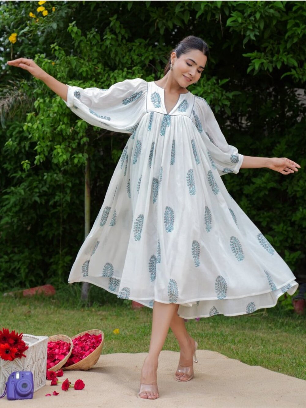 The Jaipur Art Hand Block Printed Blue Aria Midi Dress